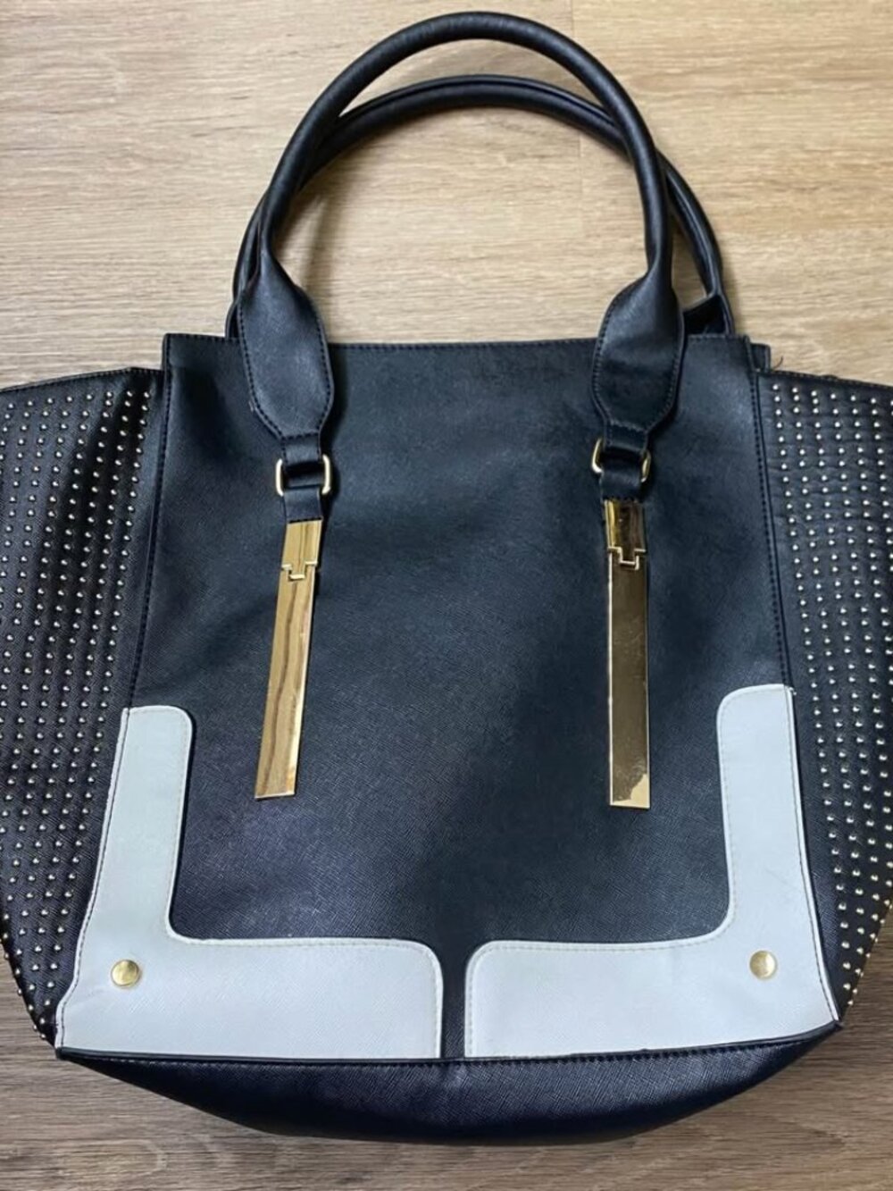 Cato Fashions Black White Colorblock Tote Satchel Bag Gold Studded Faux Leather